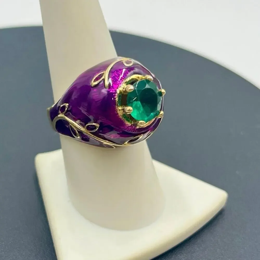 Princess Amanda Borghese Designer Purple Green Enamel Cocktail Ring Sz 8.5
